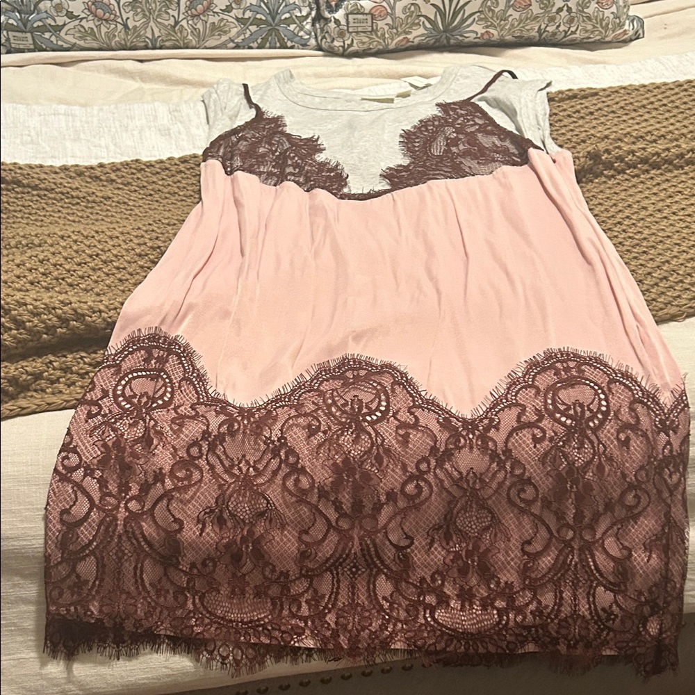 Anthropologie Pink Chemise with Brown Lace
